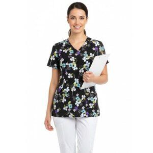 Cherokee Infinity Black Floral Print Women's Scrub Top Shirt Medium